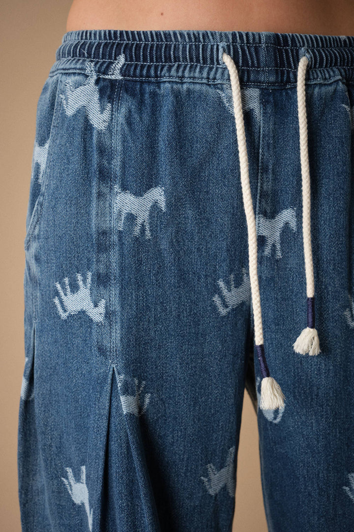 Horse Print Denim Jogger Pants