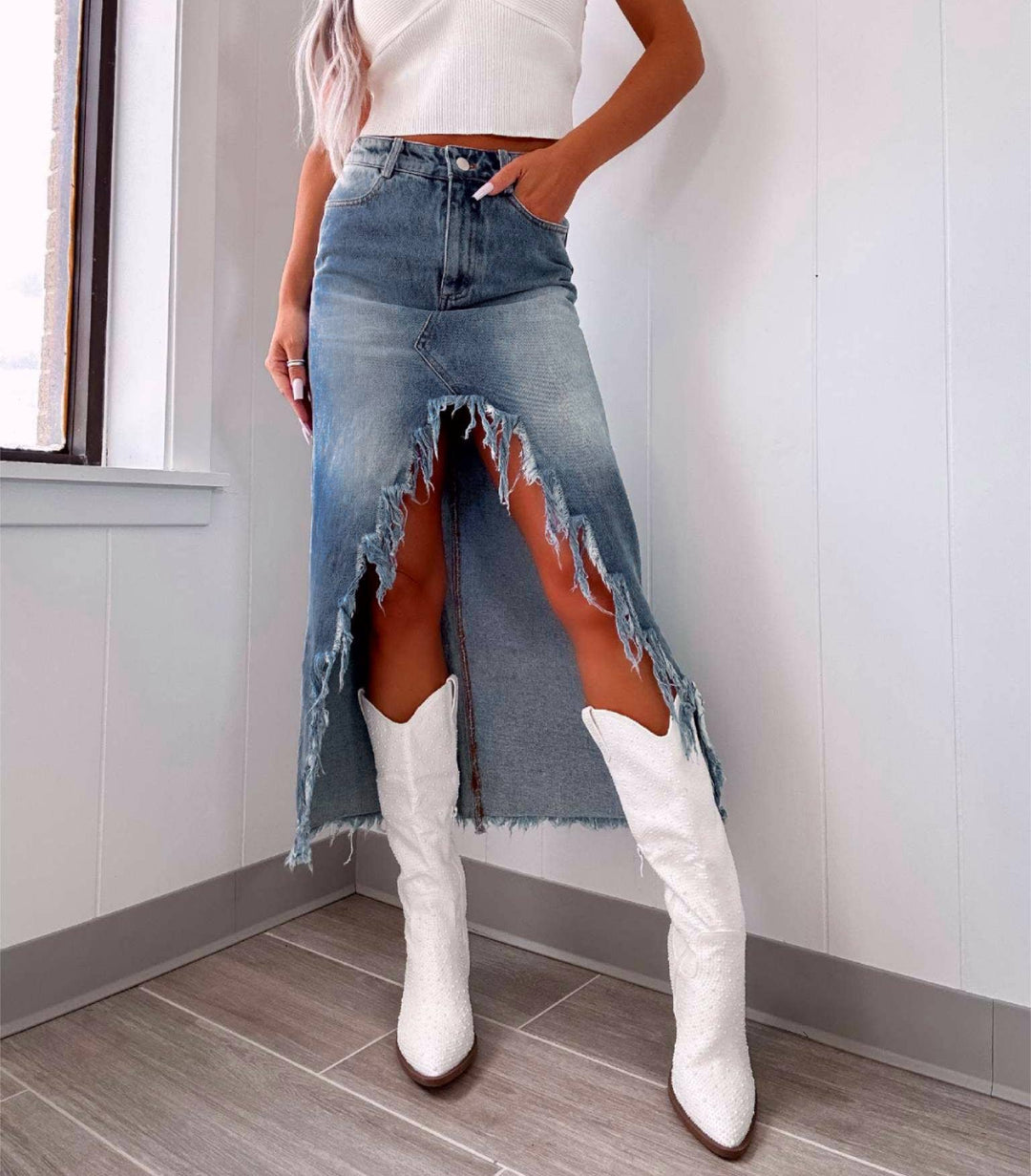 Frayed Hem Slit Midi Denim Skirt: Blue / M