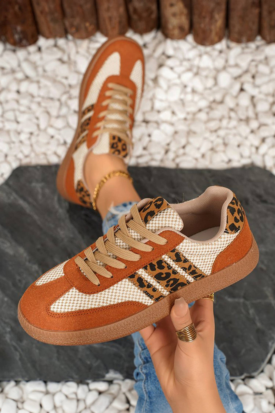 LAS Checkered Leopard Color Block Patchwork Sneakers (37-42): Buckskin / Standard