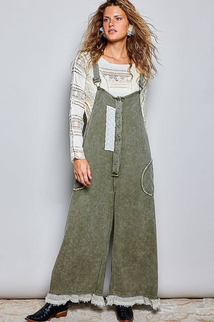 Thermal Cotton Lace Rib Placket Metal Snap Wide Leg Overall