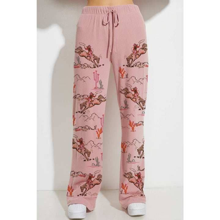 Desert Cowgirl Print Rib Hoodie Loungewear Set : Taupe / M