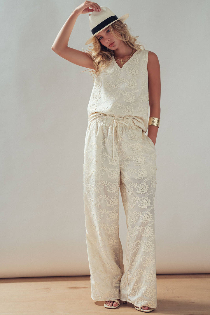 Floral Embroidered Cotton Top And Pant Set: IVORY