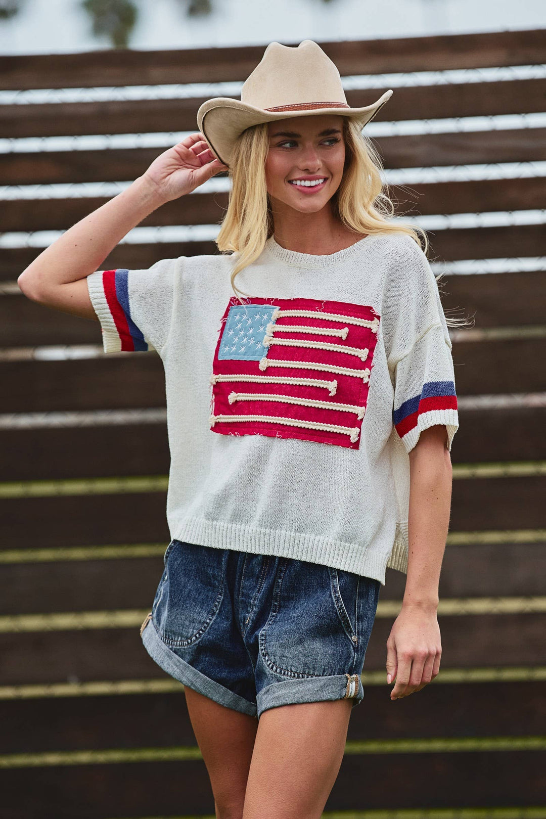 American Flag Applique Knit Sweater with Stripe