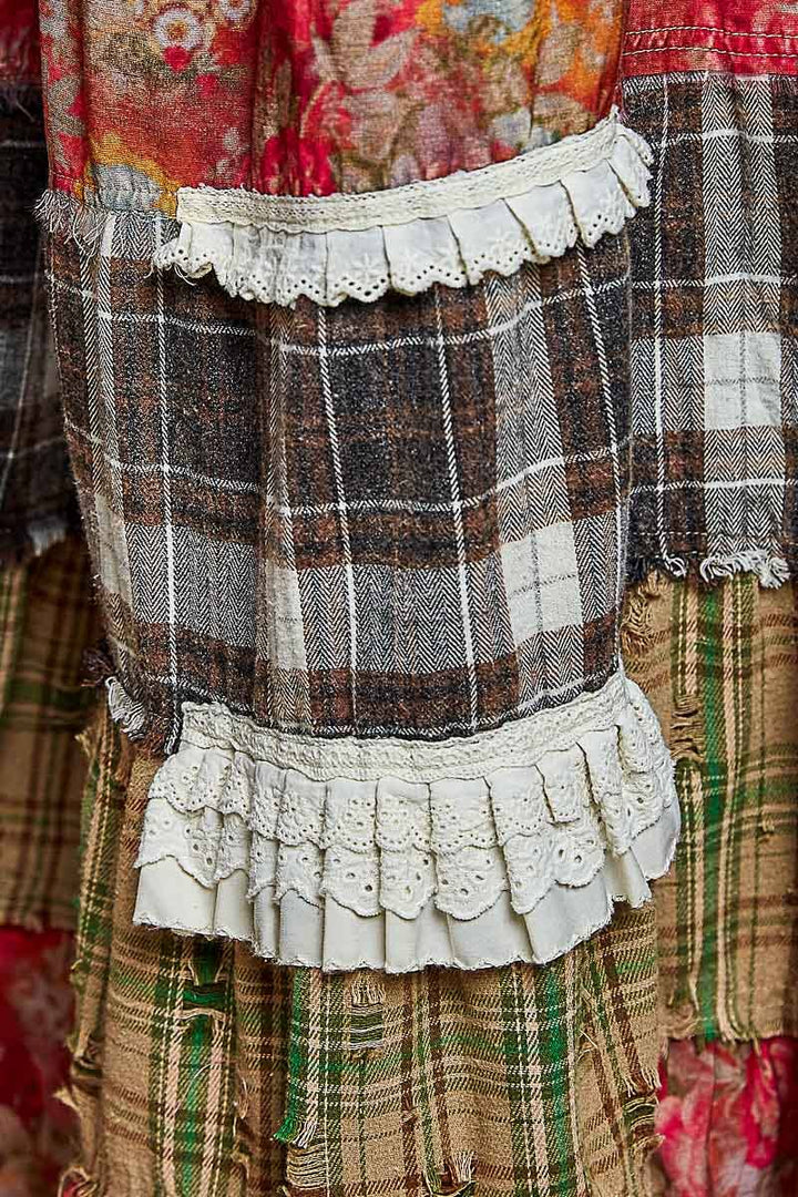 Floral Print Ruffle Trim Patchwork Plaid Wide Leg Pants