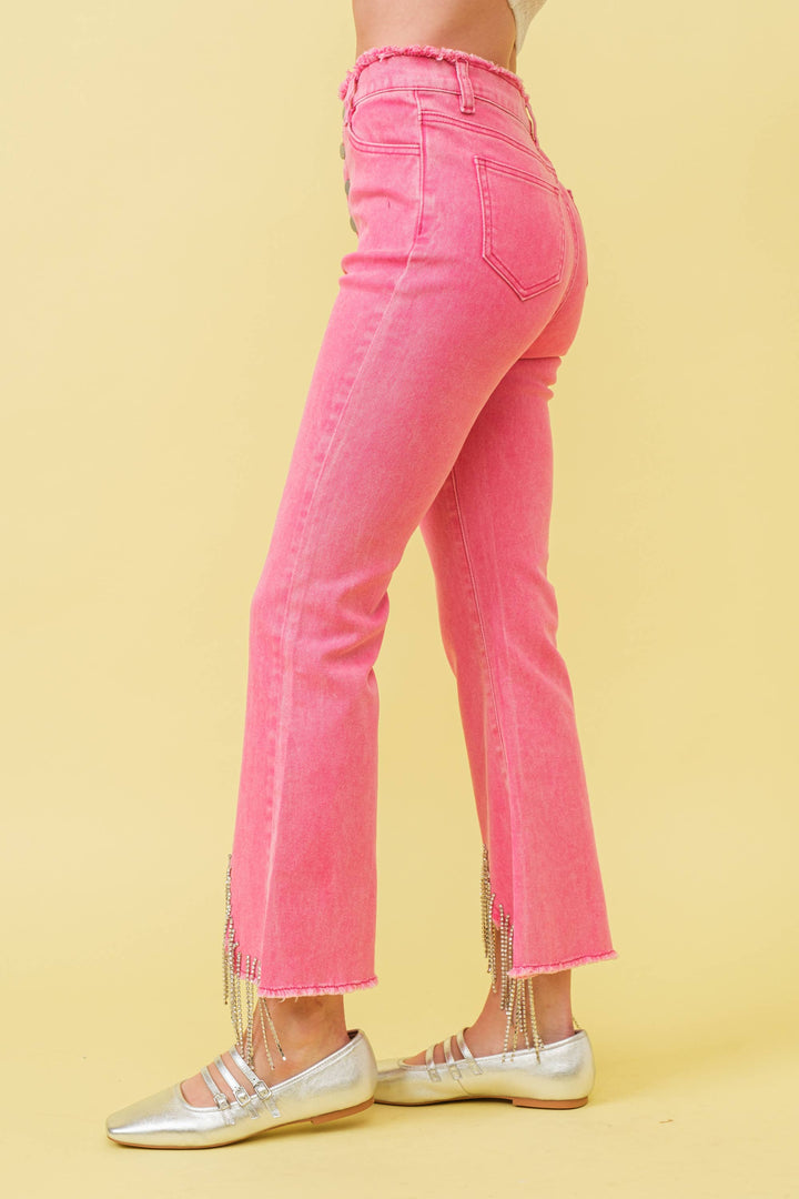 1365P - RHINESTONE FRINGE DENIM PANTS: BLACK / MEDIUM