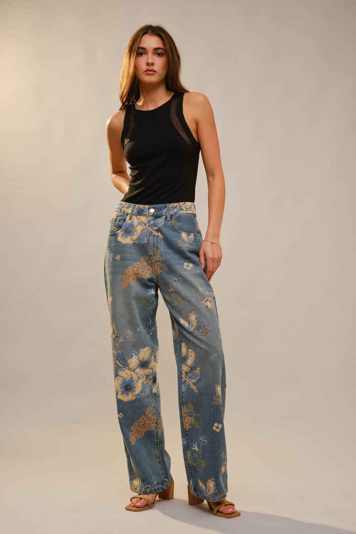 91690P Floral Print Wide Leg Jeans: DENIM MULTI / S-M-L