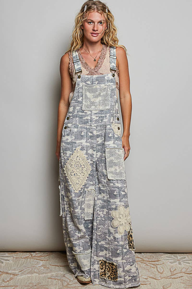Crochet Contrast Patch Detail Chest Pocket Woven Overalls