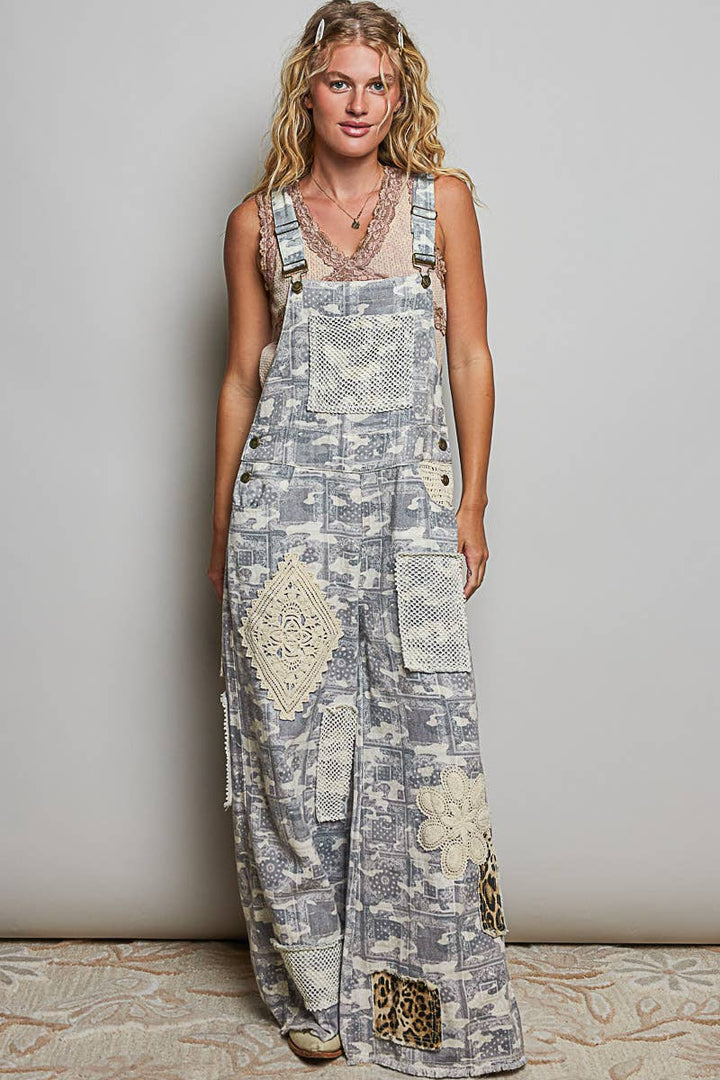 Crochet Contrast Patch Detail Chest Pocket Woven Overalls
