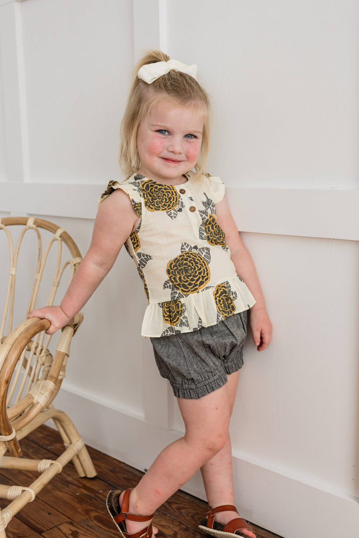 Mustard & Grey Floral Print Sleeve Ruffled Top & Black Chambray Kids Shorts Set