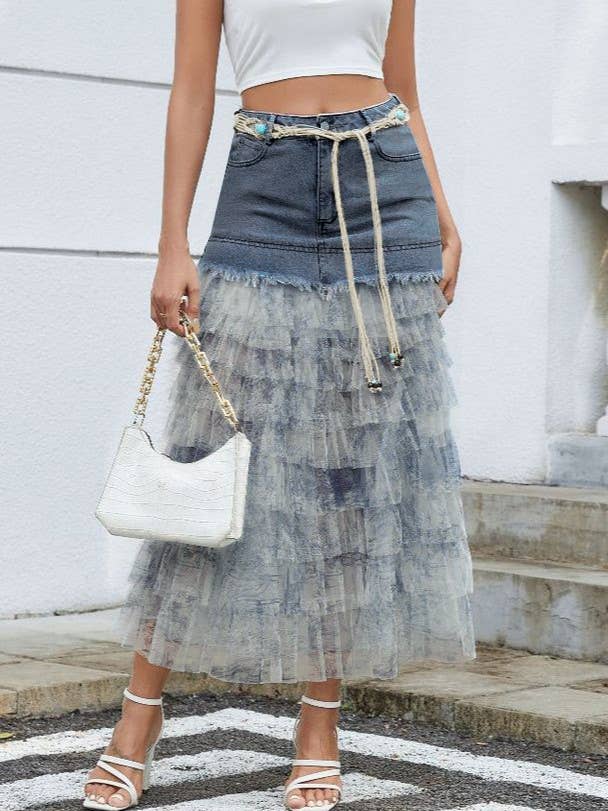 Ruffle Tiered Mesh Floral Panels Denim Cake Skirt:L