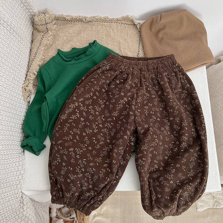 Baby Girl Ditsy Flower Pattern Corduroy Fabric Loose Thickened Pants In Winter: Coffee / 90 (12-24M)