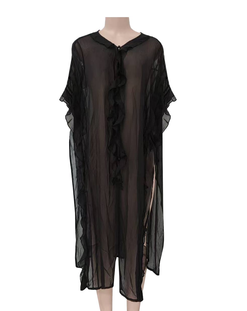 Boho lightweight sheer ruffle maxi top duster kimono jacket: OffWhite / M