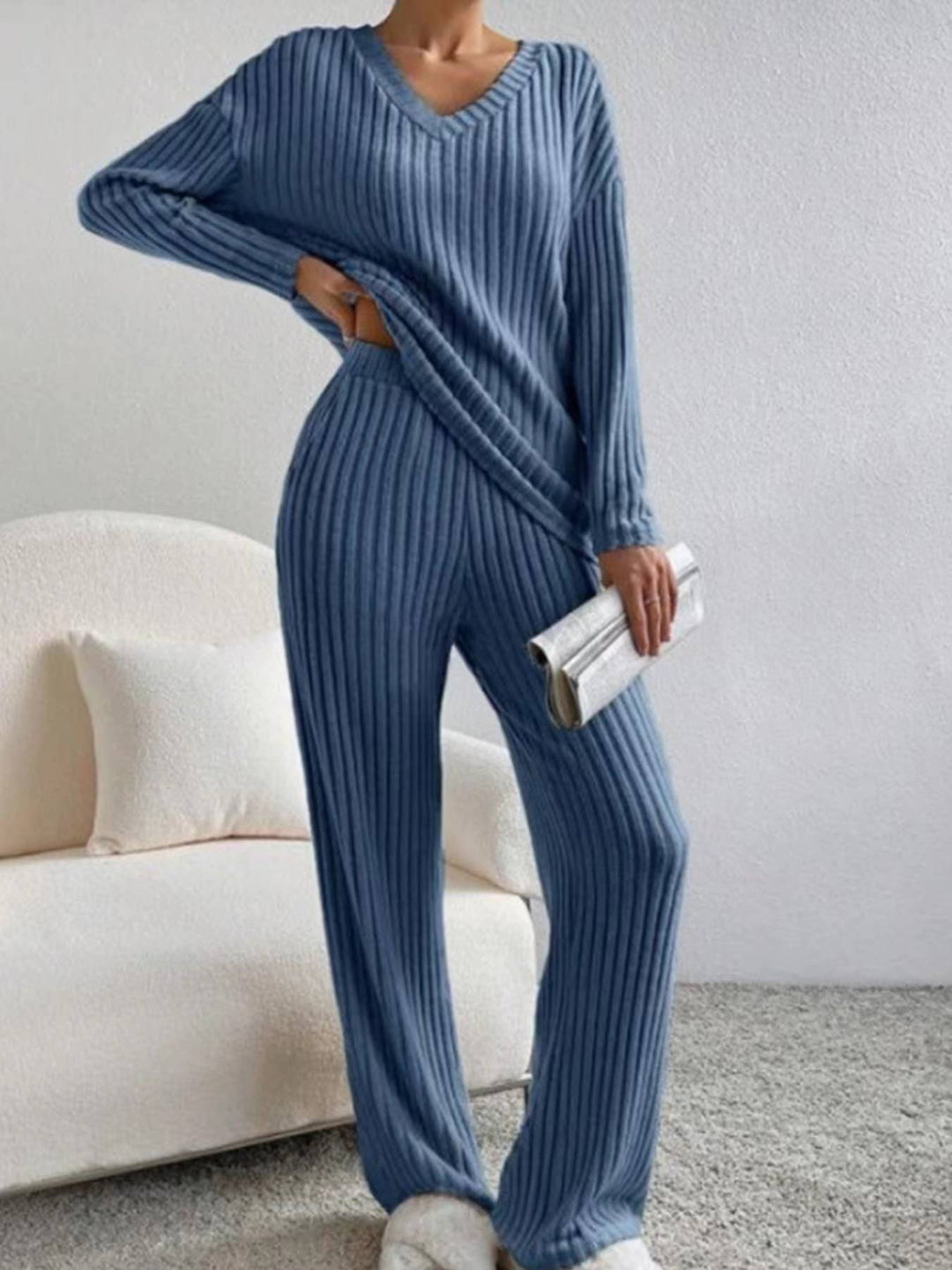 Ribbed Knit Long Sleeve Lounge Pajama Set: Khaki