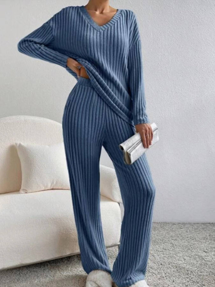 Ribbed Knit Long Sleeve Lounge Pajama Set: Khaki