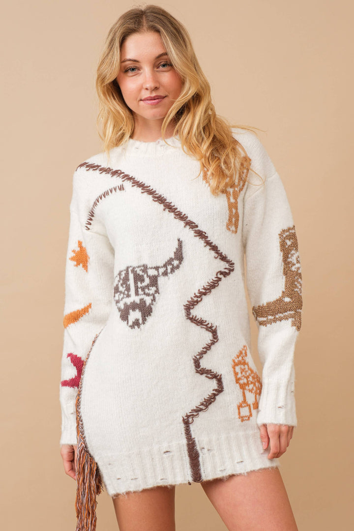 34385W-One Side Fringe Distressed Rib Edge Sweater Dress: OFF WHITE / M