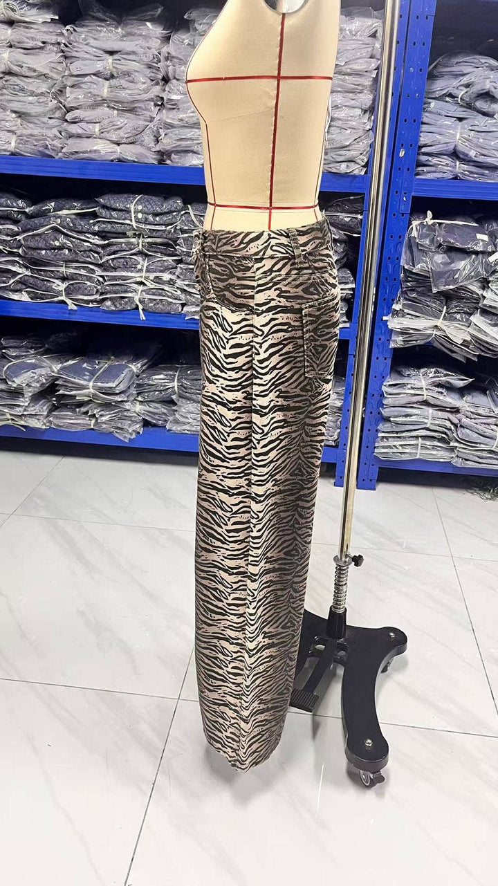 Zebra print loose low-rise straight-leg jeans: LEOPARD / (S) 1