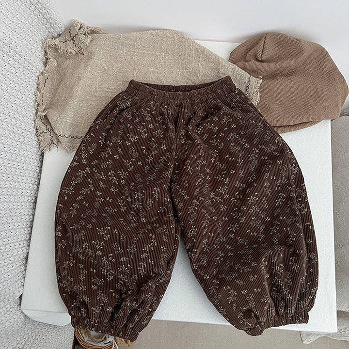 Baby Girl Ditsy Flower Pattern Corduroy Fabric Loose Thickened Pants In Winter: Coffee / 100 (2-3Y)