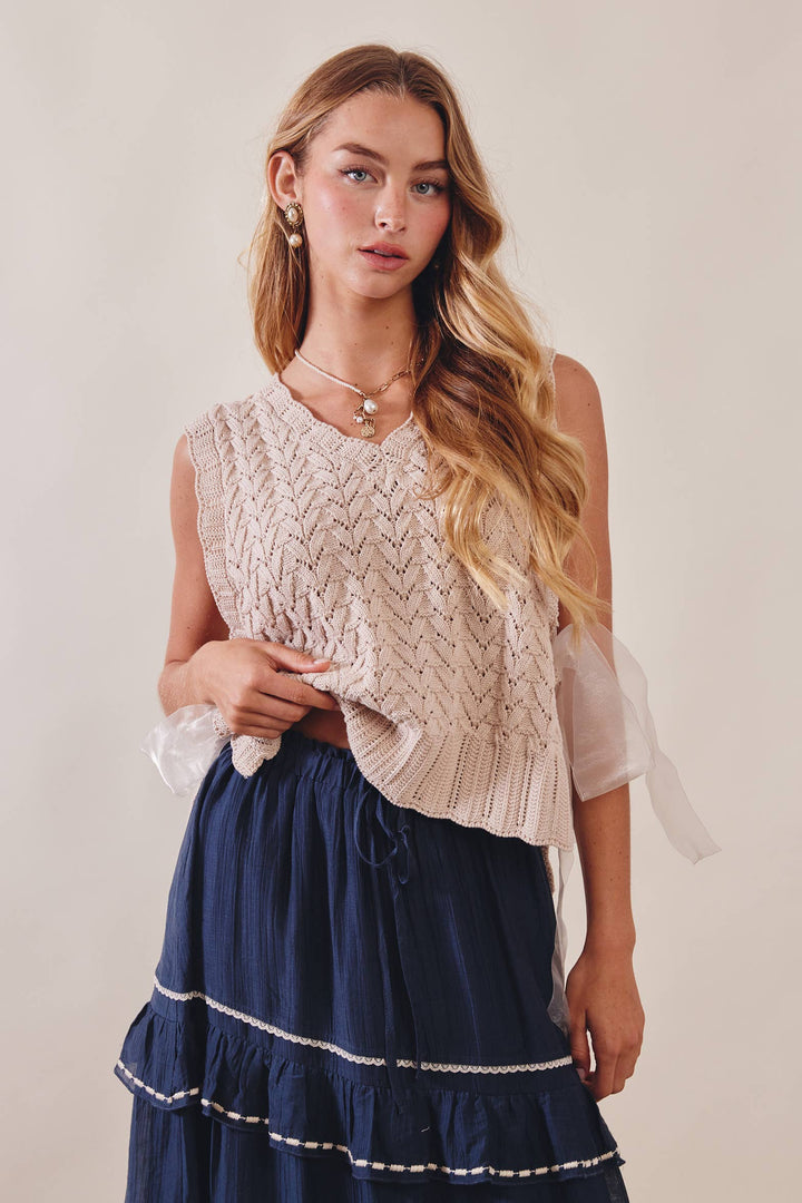 Pointelle Knit Ribbon-Tie Vest Top