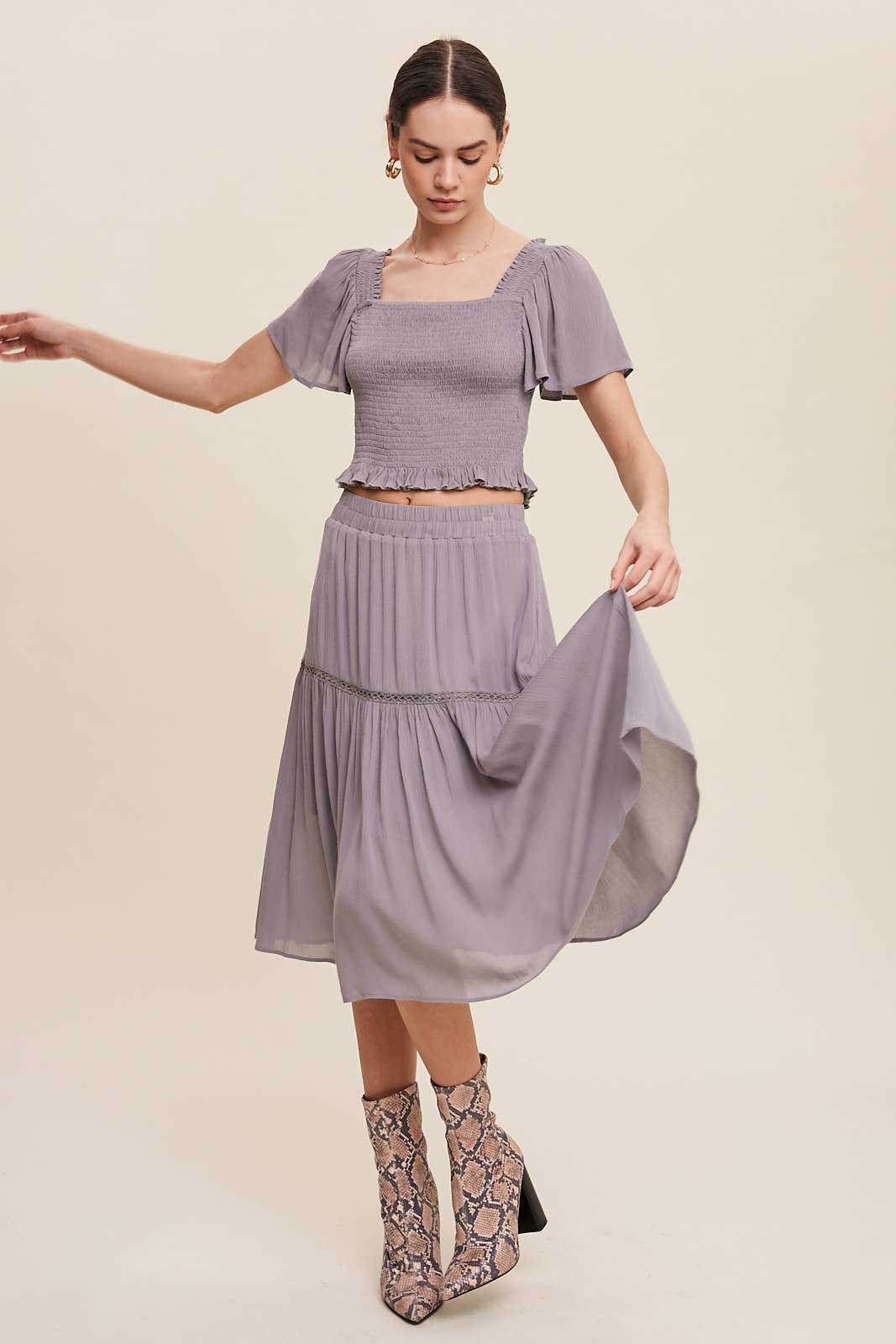 Smocked Crop Top & Tiered Midi Skirt Set: Gray