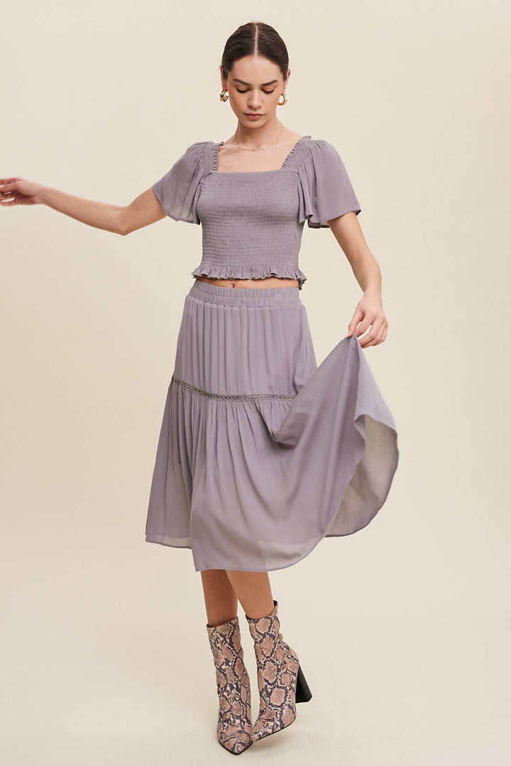 Smocked Crop Top & Tiered Midi Skirt Set: Gray