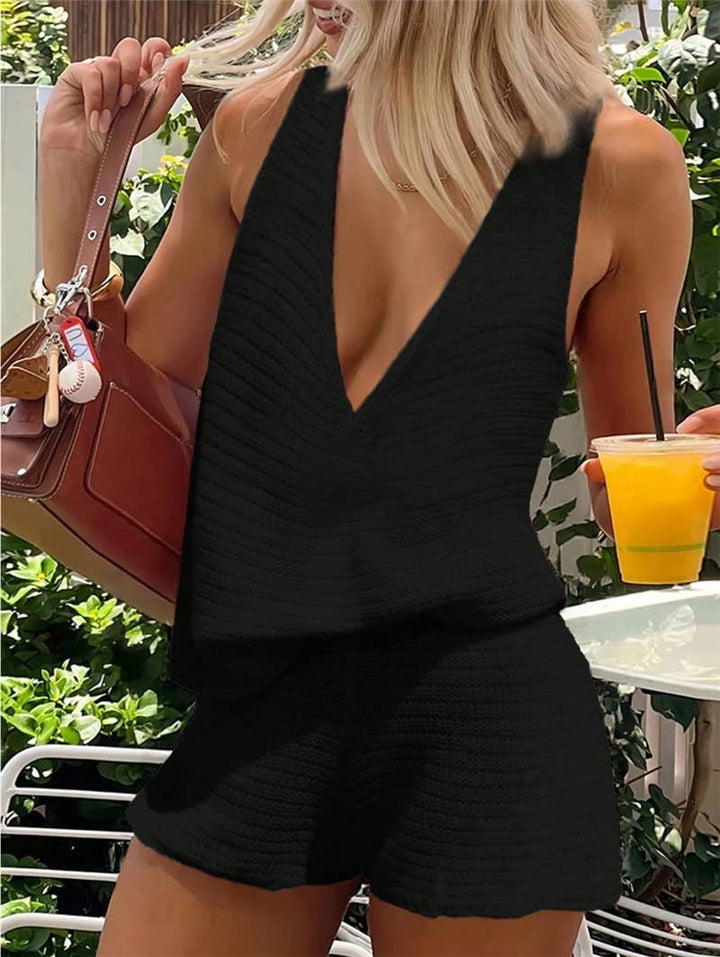 Deep V-Neck Vest Shorts Two-Piece Sweater Set: Black