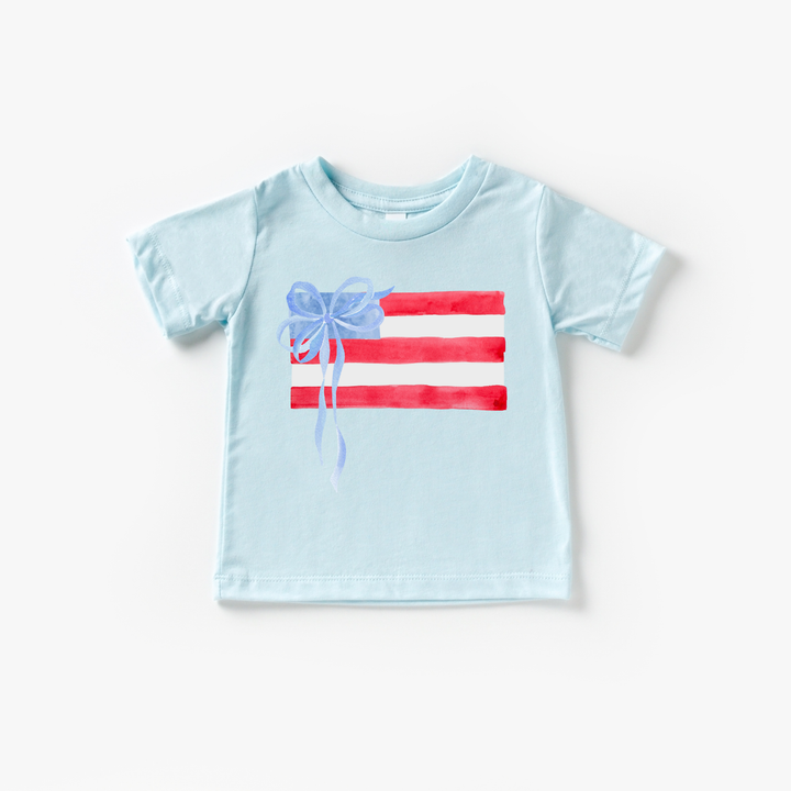 American Flag and Bow Girl 4th of July Kids Shirt: Ice Blue