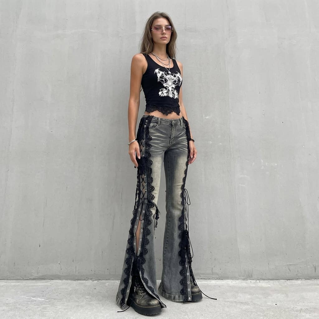 Punk Rock Lace-Up Flare Jeans - Grey Wash