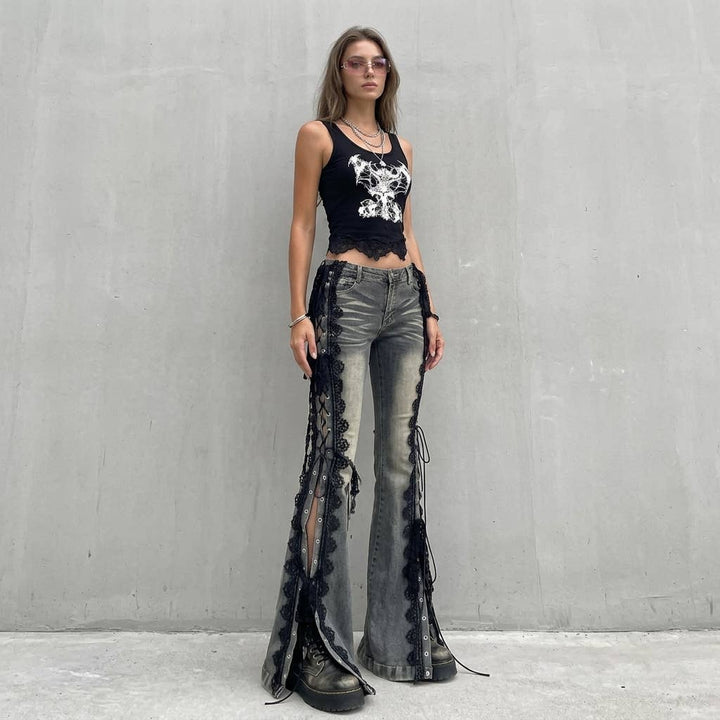 Punk Rock Lace-Up Flare Jeans - Grey Wash
