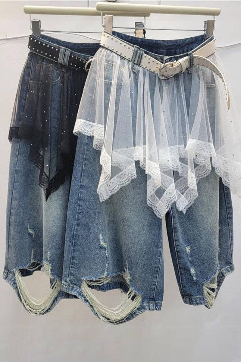 Layered Lace Skirt Denim Shorts: BLUE/WHITE