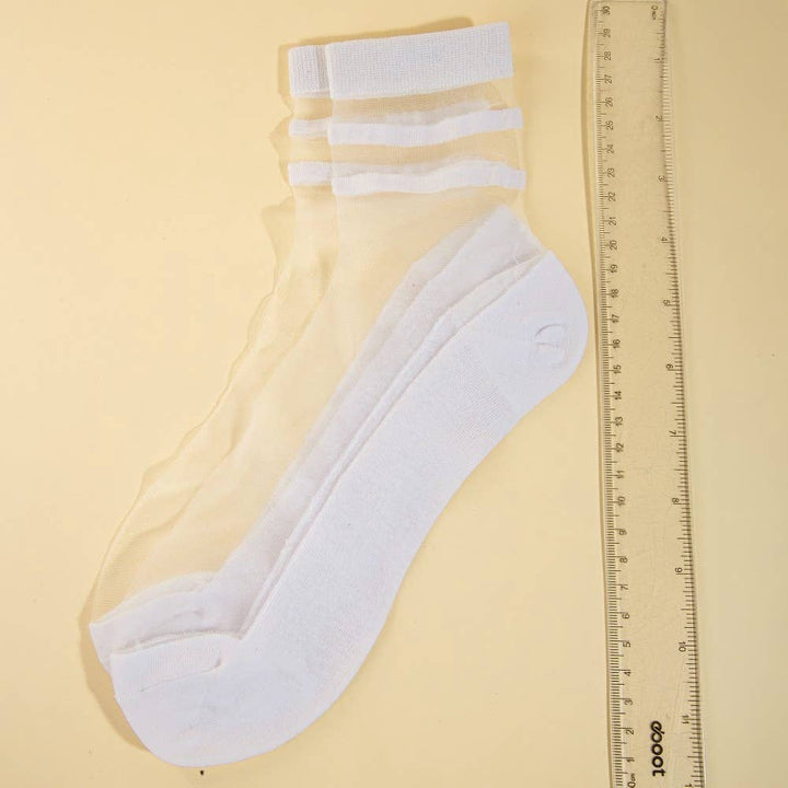 Triple Striped Sheer Ankle Socks: WH