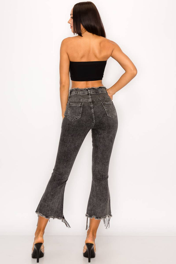 1365P - RHINESTONE FRINGE DENIM PANTS: BLACK / LARGE
