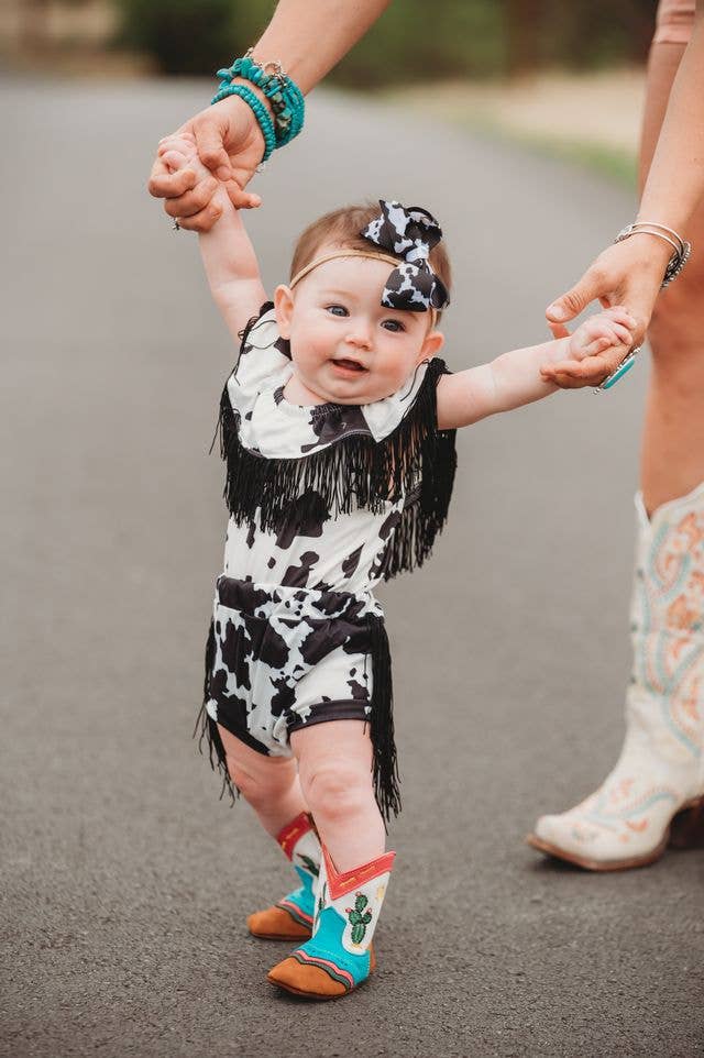 Black Cowprint w/t Neck Fringe Onesie Baby Girl