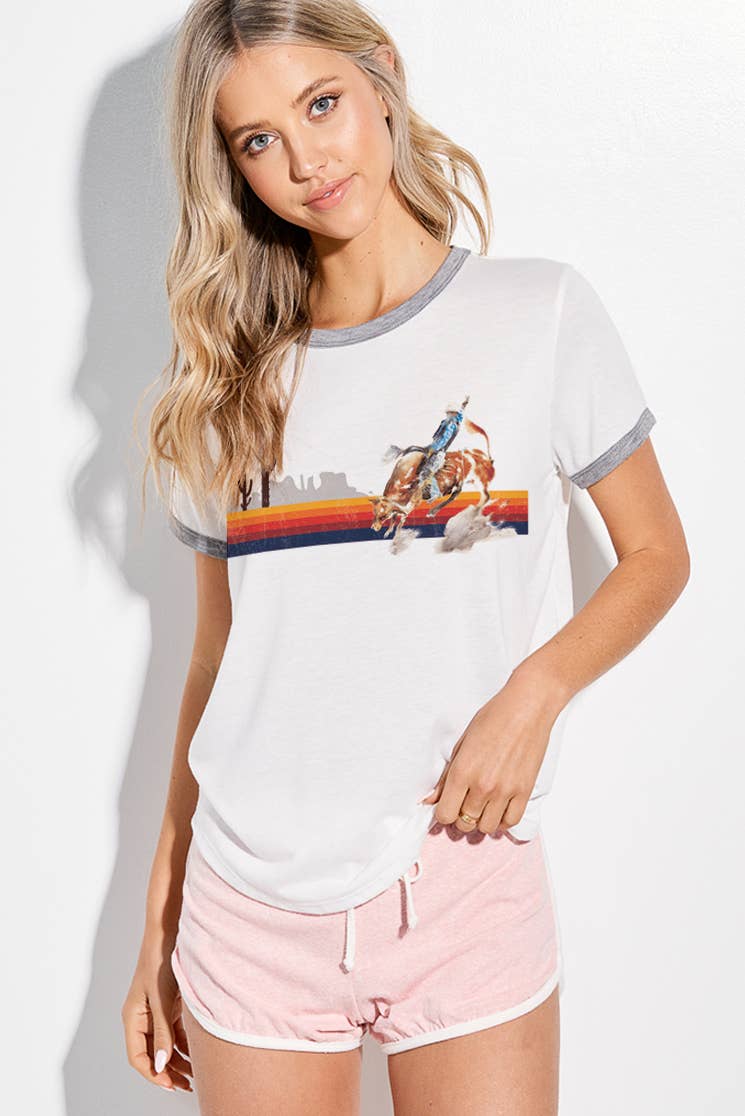 T701G9019 - Casual Stripe Rodeo Ringer Women's Tee: Ivory/Rust / S