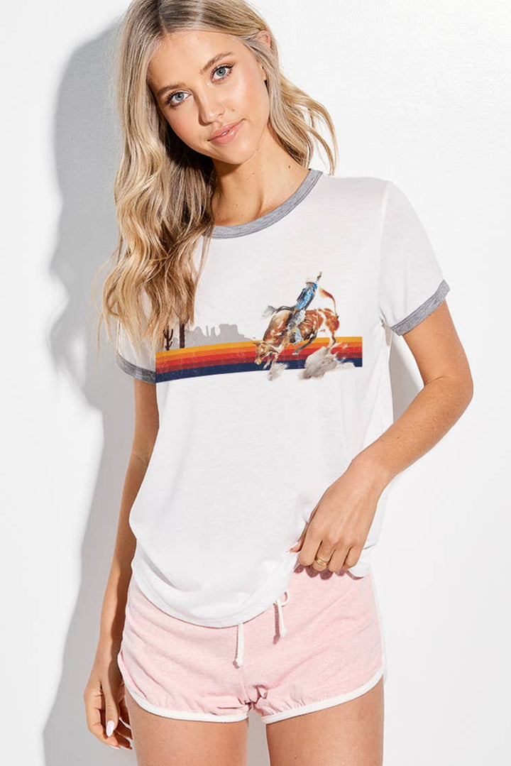 T701G9019 - Casual Stripe Rodeo Ringer Women's Tee: Ivory/Rust / S