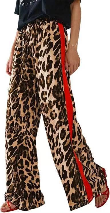 Leopard Print Patchwork Elegant Wide-Leg Women's Pants: Yellow / L