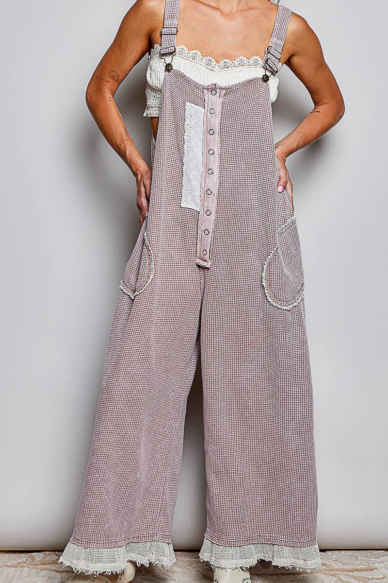 Thermal Cotton Lace Rib Placket Metal Snap Wide Leg Overall
