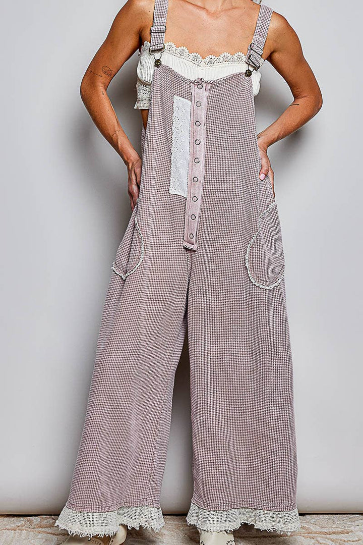 Thermal Cotton Lace Rib Placket Metal Snap Wide Leg Overall