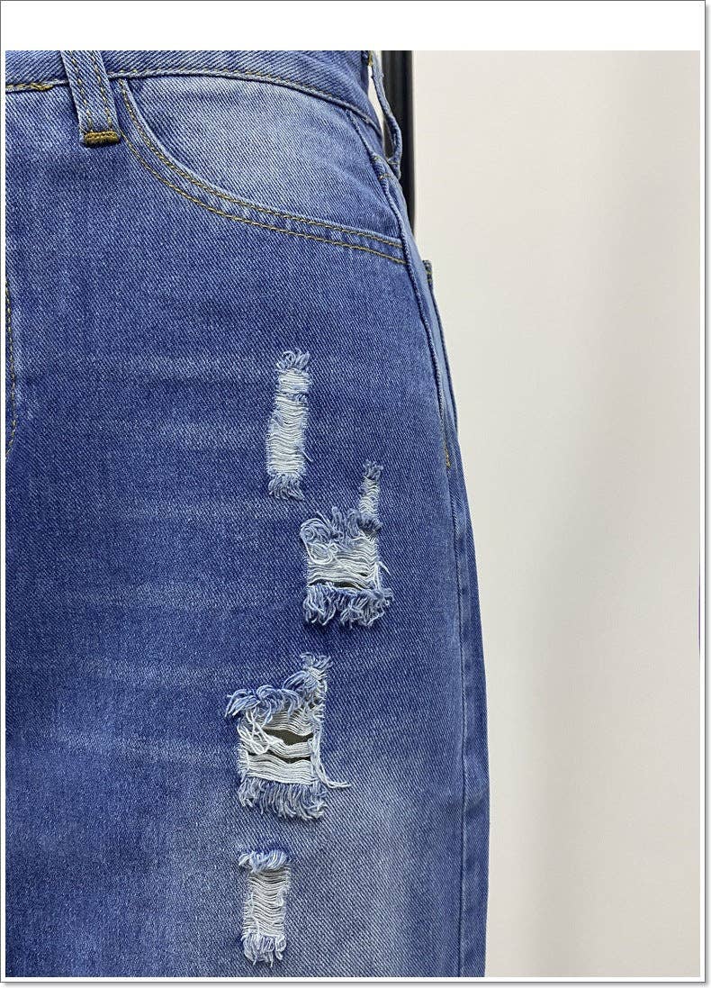 High Waist Distressed Split Daily Denim Midi Skirt SKS6697: S
