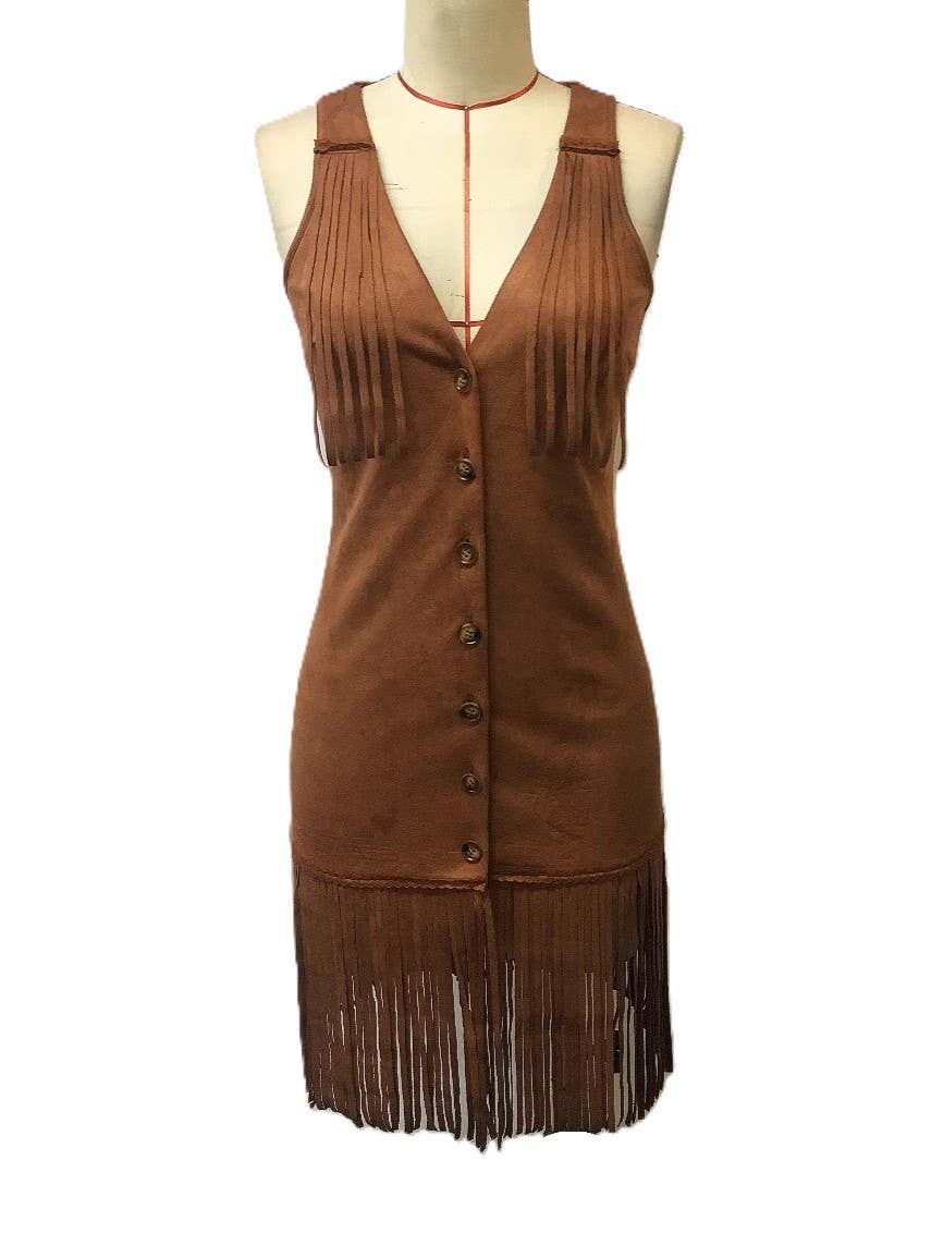Western Vintage Brown Tassel Sleeveless Mini Dress: Brown / S