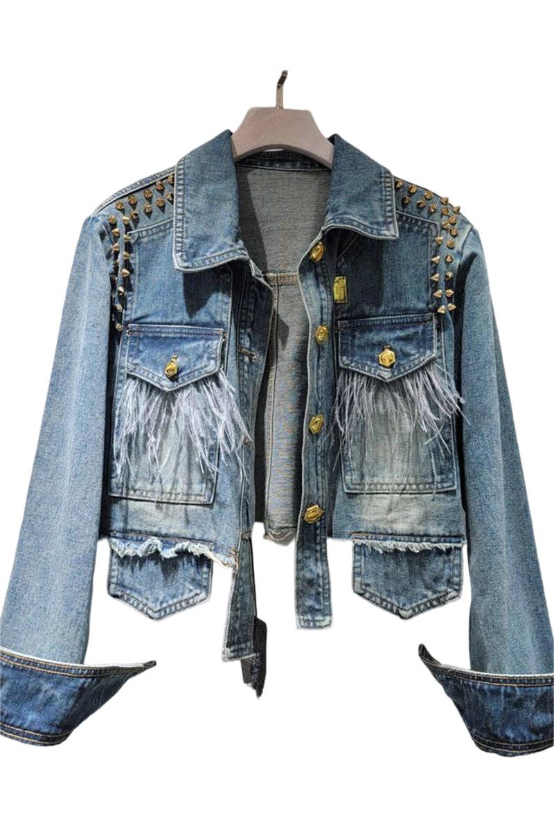 Fringe Embellished Denim Jacket: LIGHT BLUE