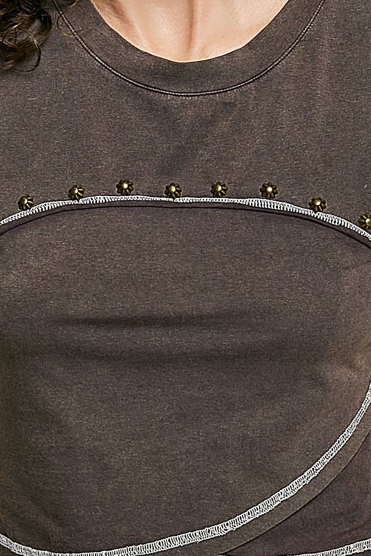 Slim Fit Round Neck Outseam Overlock Stud Cotton Jersey Top Coffee