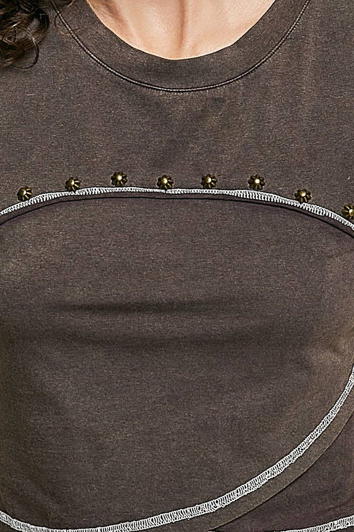 Slim Fit Round Neck Outseam Overlock Stud Cotton Jersey Top Coffee
