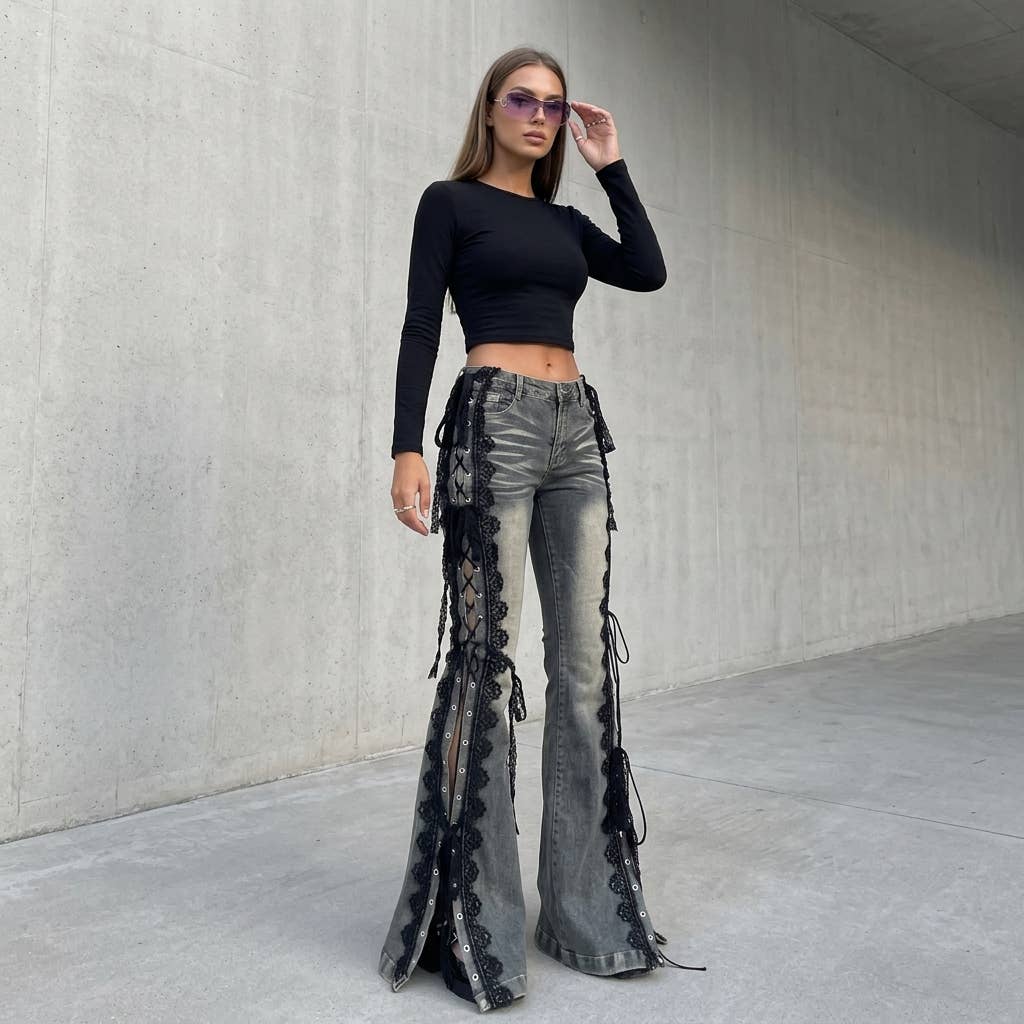 Punk Rock Lace-Up Flare Jeans - Grey Wash