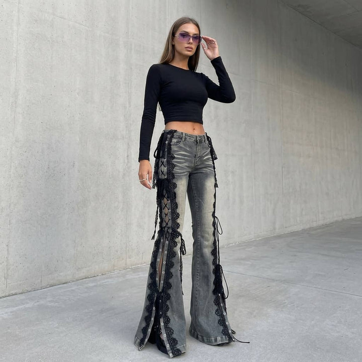 Punk Rock Lace-Up Flare Jeans - Grey Wash