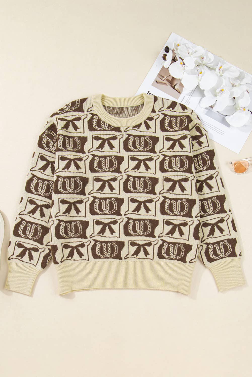 Bows Horseshoes Pattern Western Fashion Print Sweater (S-4X): Black / M