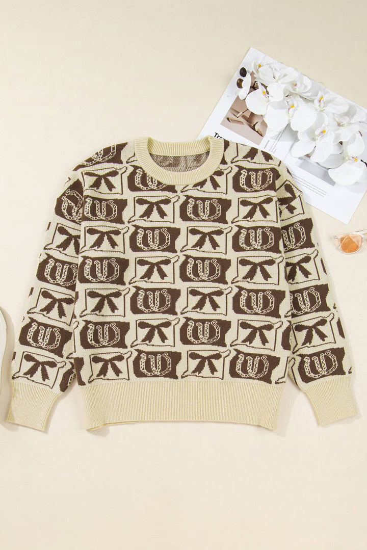 Bows Horseshoes Pattern Western Fashion Print Sweater (S-4X): Black / XL