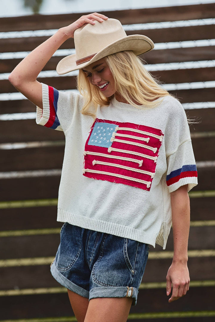 American Flag Applique Knit Sweater with Stripe