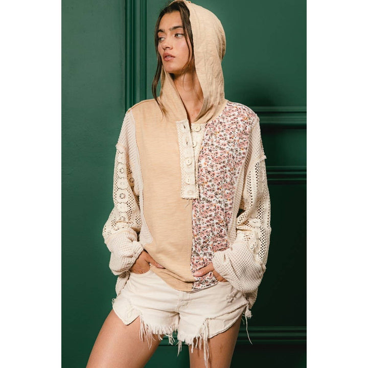 SLUB JERSEY WITH LACE COMBO BUTTONED HOODIE TOP