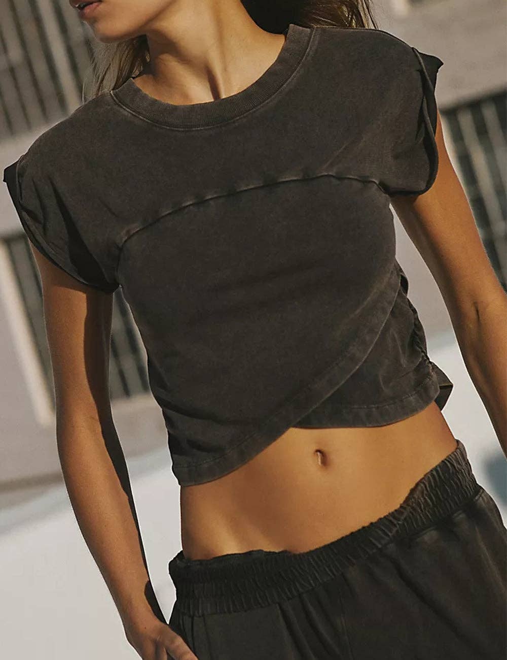 Ladies Solid Color Crop Top and Pants Set SKST379: Black / S