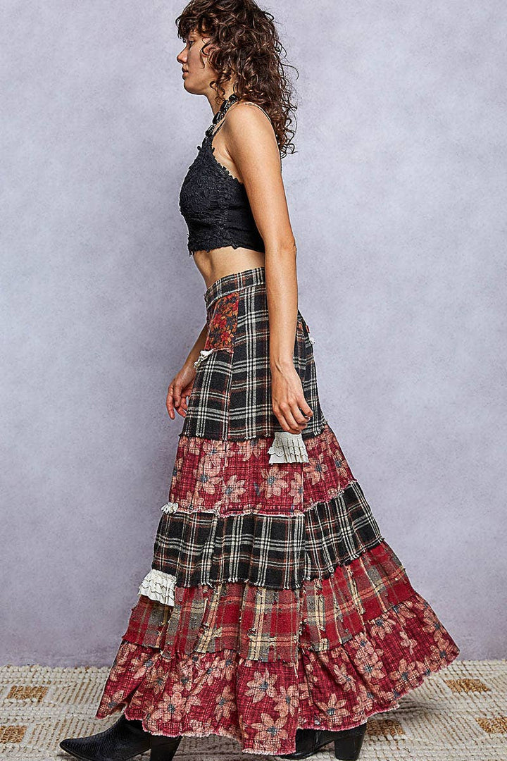 Floral Print Ruffle Trim Patchwork Plaid Wide Leg Pants